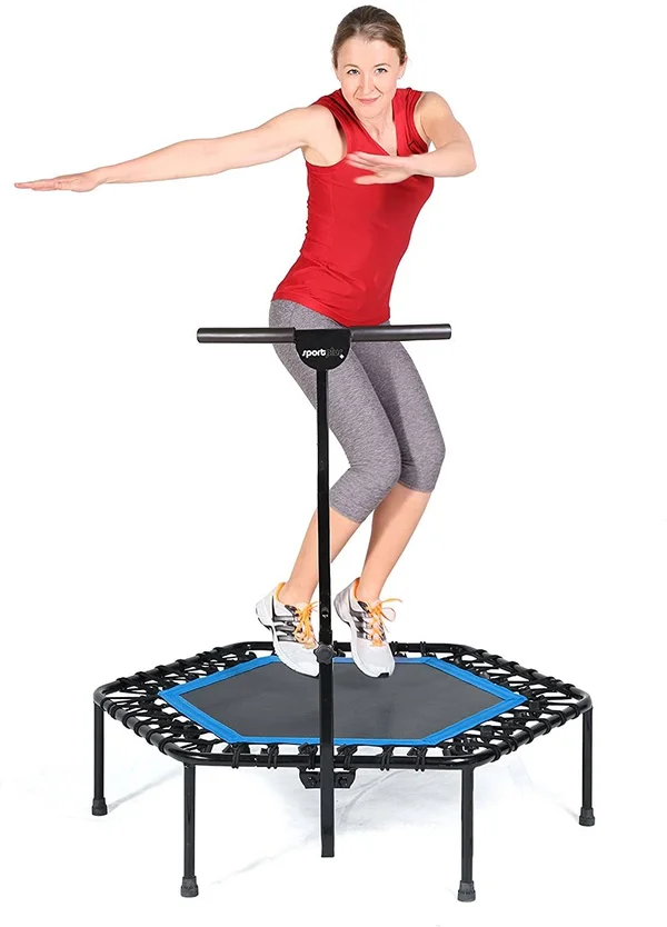 Sportplus Quiet Mini Indoor Rebounder Fitness Trampoline w/ Adjustable Bar, Blue