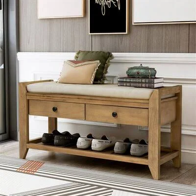 Shoe Rack with Cushioned Seat and Drawers, Multipurpose Entryway Storage Bench, Gray Wash Longshore Tides Color/Pattern: Light B