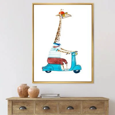 Giraffe Dressed Up Wearing Helmet and Riding Scooter - Painting on Canvas East Urban Home Format: Gold Framed Canvas, Size: 20x2