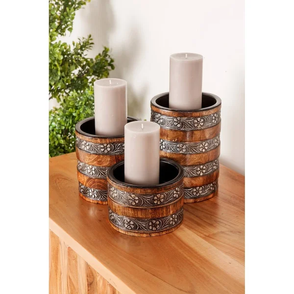 Decmode Traditional 4, 6, and 8 inch Cylindrical Candle Holders - Set of 3, Brown