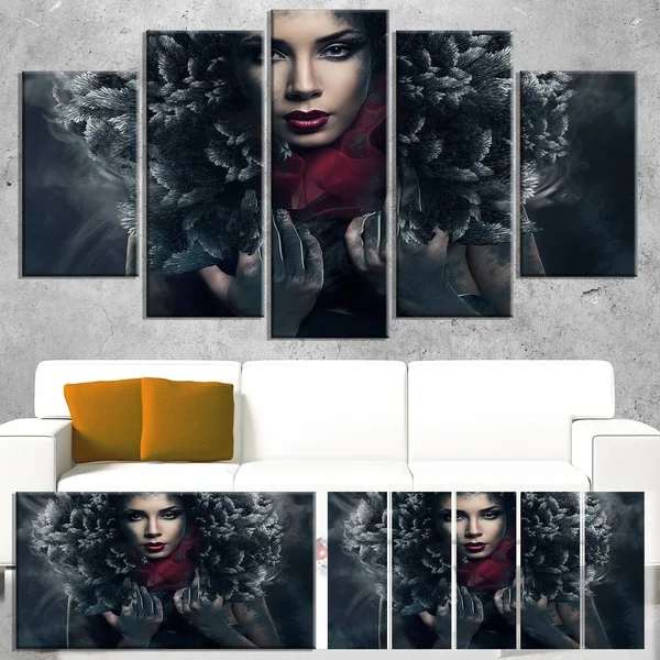 Design Art Passionate Woman in Feather Hood - Art Portrait Canvas Print - 60 x 28 5 Equal Panel