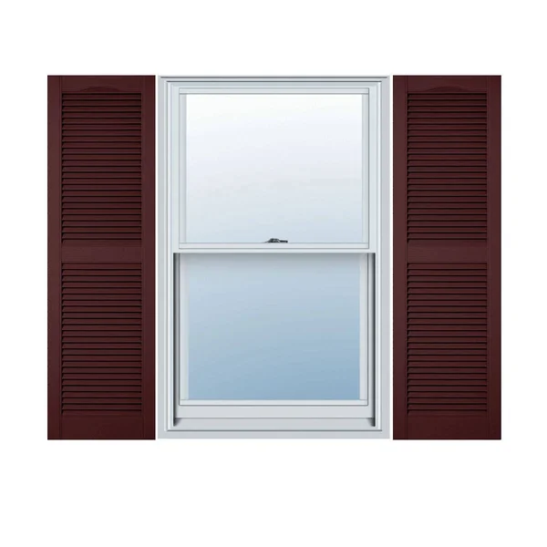 12 inchw x 30 inchh Lifetime Vinyl, Custom Cathedral Top Center Mullion, Open Louver Shutters, w/Shutter-Loks (Per Pair), Bordea