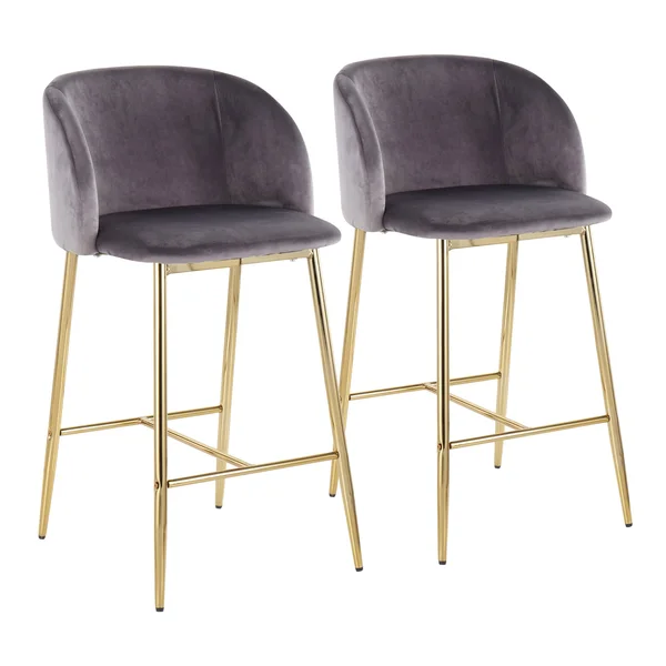 LumiSource Fran Contemporary Counter Stool - Set of 2 - Chrome, Blue Velvet