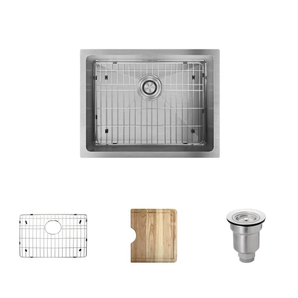 Rene R1-1015-18 23 inch Stainless Steel Single Bowl 3/4 inch Radius 18 Gauge Kitchen Sink with Cutting Board, Grid and Basket ST