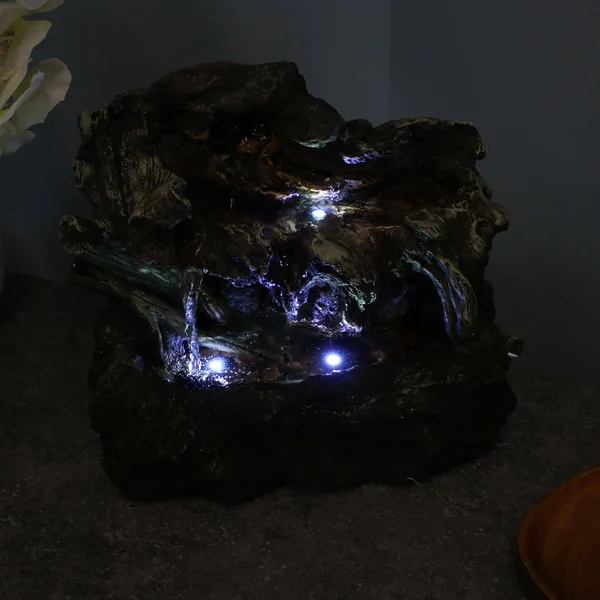 Sunnydaze Aged Tree Trunk Tabletop Fountain with LED Lights - Dark Brown/Cream