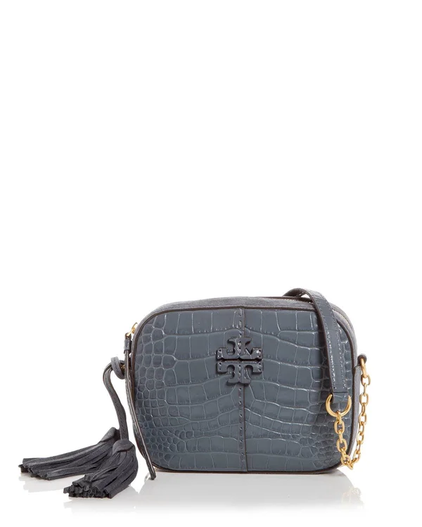 Tory Burch Mcgraw Croc Embossed Leather Camera Bag - Blue