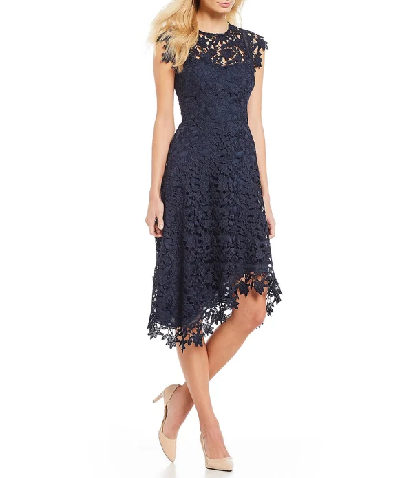 Women's Eliza J Asymmetrical Lace Fit & Flare Dress - Size 8 - Blue