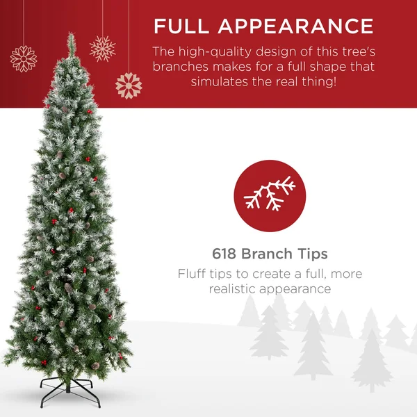 Best Choice Products 6ft Pre-Decorated Partially Flocked Holiday Christmas Pencil Tree w/ 618 Tips - Base