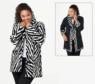 Susan Graver Weekend Reversible Sherpa & Polarfleece Coat - Size 1X, Zebra/Black