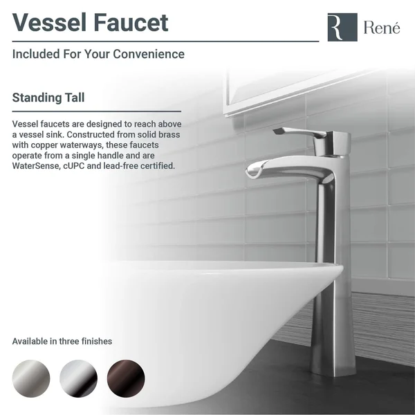 Rene R2-5007-W-R9-7007 White Porcelain Vessel Sink with Vessel Faucet and Vessel Pop-Up Drain - Brushed Nickel