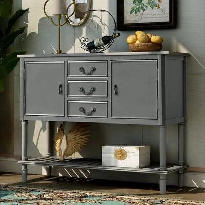 45''Modern Console Table Sofa Table for Living Room with 3 Drawers, 2 Cabinets and 1 Shelf(Black) Canora Grey Color: Greige