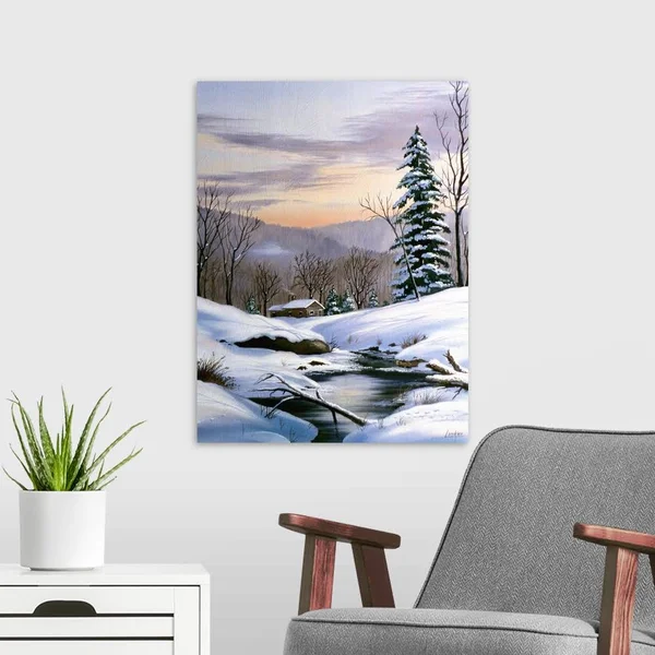 Log Cabin on Winter Stream in Early Evening, Large Solid-Faced Canvas Wall Art Print, Great Big Canvas