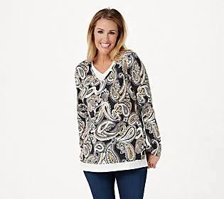 Isaac Mizrahi Live! Paisley Printed Layered Knit Top, Size 1X, Black Multi