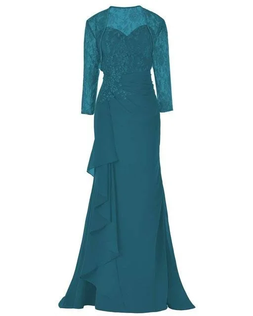 Elegant Lace Three Quarters Sleeves Gown Mother of The Bride Groom Dress with Jacket for Wedding Party 26W - Teal