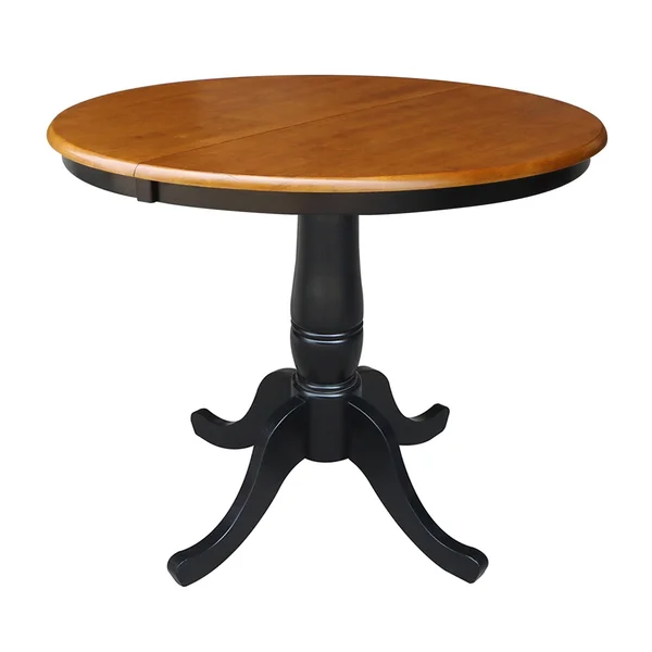 International Concepts 36x22 Round Top Pedestal EXT Table with 12x22 Leaf and 2 RTA Madrid Chairs, Black/Cherry