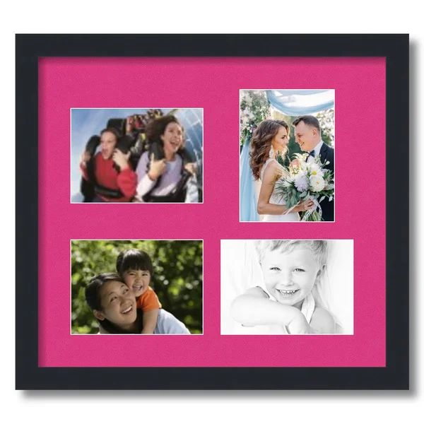 Collage Picture Frame, Satin Black Frame with 4 openings for 5x7 Photos with Pink Tulip Mat. D3926CR1117, ArtToFrames