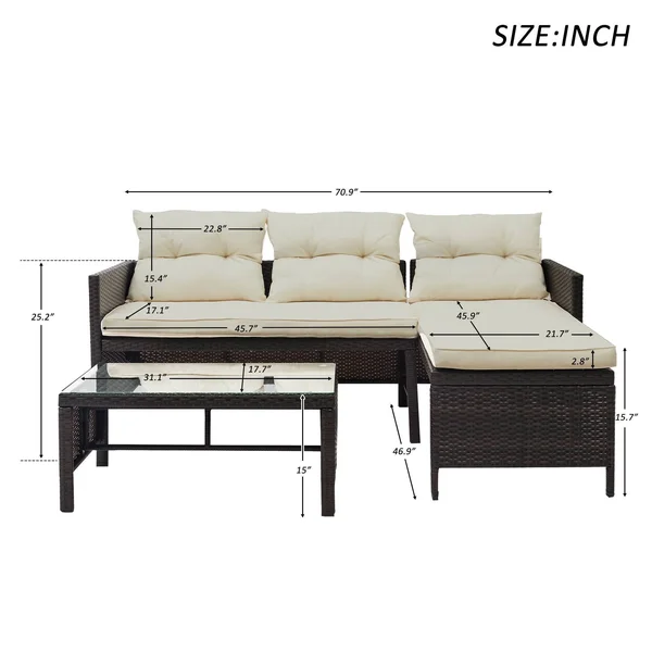 3PC Rattan Wicker Patio Sofa Set with Coffee Table - Art Leon