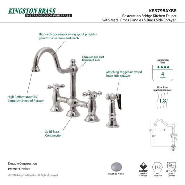 Kingston Brass KS3791AXBS Restoration Bridge Kitchen Faucet with Brass Sprayer, Polished Chrome