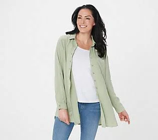 Side Stitch Regular Button Front Tunic withPocket, Size Medium, Rockweed Jade