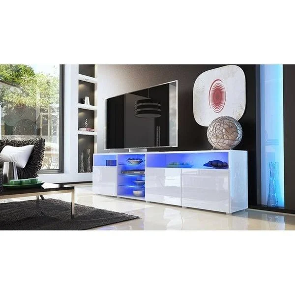 Roma 79 inch Wide Glossy TV Stand with 16 Color LEDs Black wavyblack