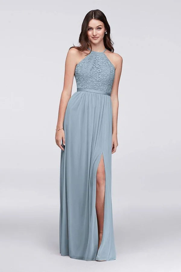 David&s Bridal Open-Back Lace and Mesh Bridesmaid Dress - Ice Blue - 20
