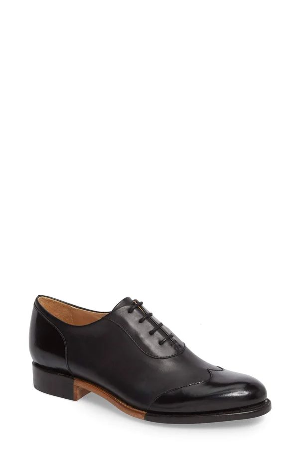 The Office of Angela Scott Women's Mr. Evans Wingtip Oxford in Black on Black Size 38.5, Leather