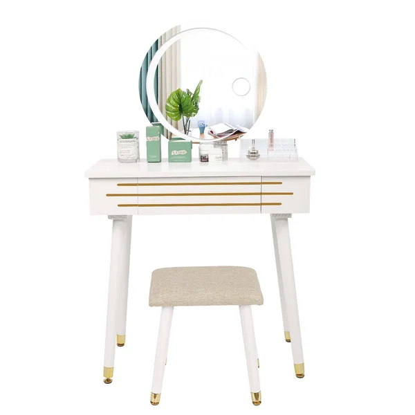 ARTETHYS Vanity Makeup Table Set with 3 Modes Touch Screen Adjustable Lighted Mirror, Cushioned Stool, Big Sliding Drawers Free