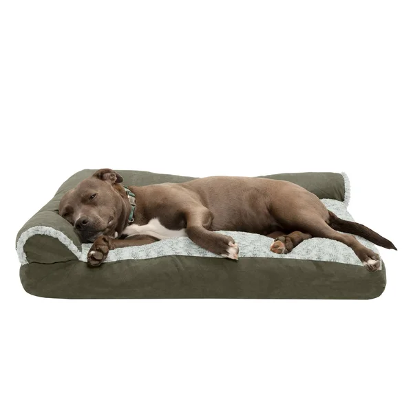 FurHaven Two-Tone Faux Fur & Suede Deluxe Chaise Lounge Pillow Sofa-Style Dog Bed Pet Bed Dark Sage Large