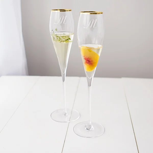 Cathy&s Concepts Monogram Gold Rim Champagne Flutes (Set of 2) - Clear-Q