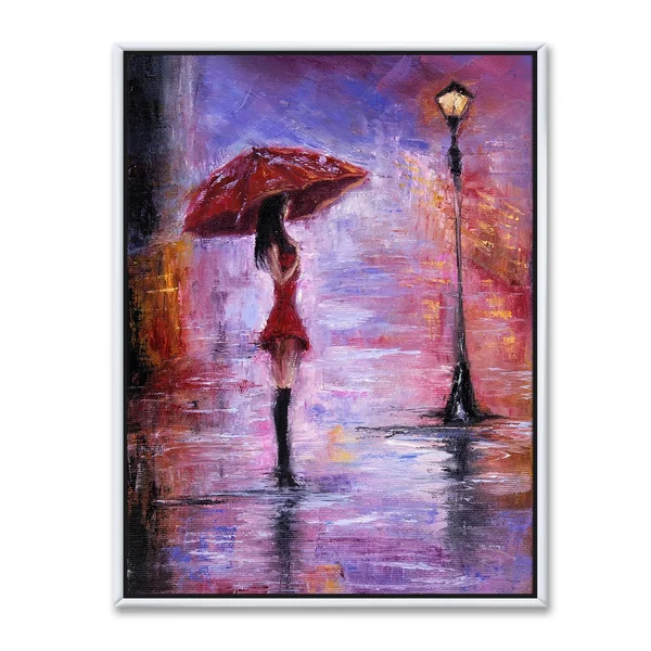 Designart 'Woman in Red Walking with Umbrella' Traditional Framed Canvas Wall Art Print - 30 in. Wide x 40 in. High - Gold
