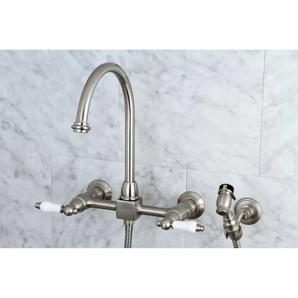 Kingston Brass KS1291PLBS Restoration Wall Mount Bridge Kitchen Faucet with Brass Sprayer, Polished Chrome