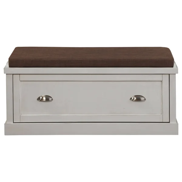 Benzara BM185369 Wooden Bench with Fabric Upholstered Seat Cushion & Storage Drawer White
