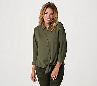 Belle by Kim Gravel Button & Tie Front WovenBlouse - Size 1X, Military Green