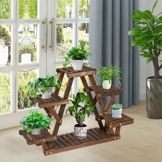 Costway Wood Plant Stand Triangular Shelf 6 Pots Flower Shelf