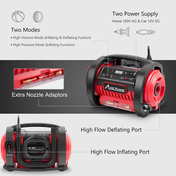Avid Power Tire Inflator Air Compressor, 12V DC, 110V AC Dual Power Tire Pump
