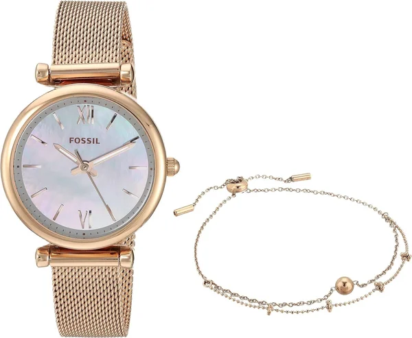 Fossil Women's Carlie Mini Rose Gold-Tone Stainless Steel Mesh Bracelet Watch Box Set 28mm - Rosegold