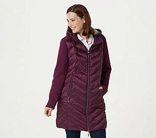 Nuage Chevron Quilted Puffer Coat w/ Removable Hood, Size X-Small, Dark Purple