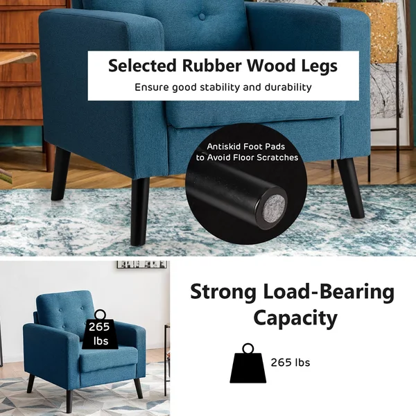 Costway Modern Tufted Accent Chair Fabric Armchair Single Sofa w/ Rubber Wood Legs Blue