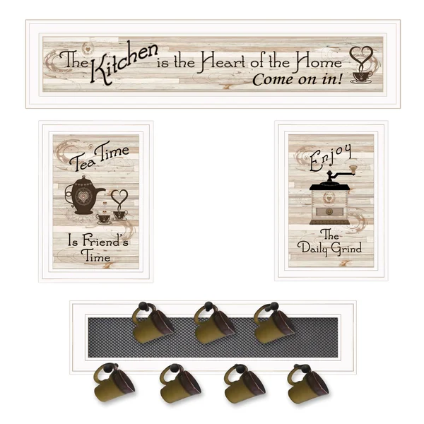 Kitchen Collection IV 4-Piece Vignette with 1-(7Pegs) Mug Rack, White Frame
