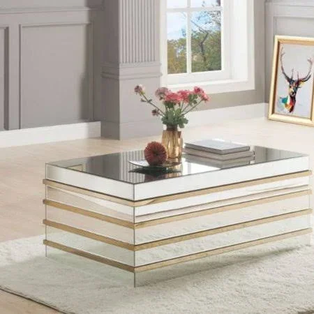 Everly Quinn Rillie Modern Rectangular Metal and Mirror Coffee Table, Size: Large, Silver/Gold
