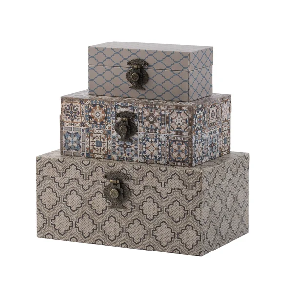 Brown Decorative Boxes - Blue - Brown, Multi-Color - Set of Three