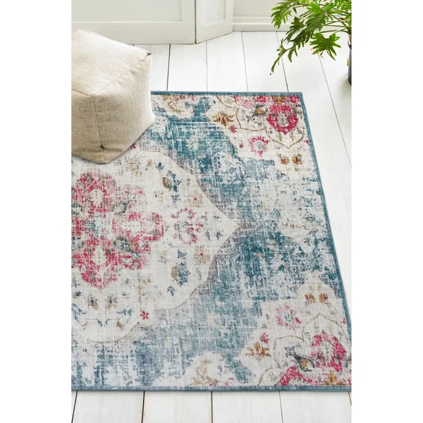 Machine Washable - Vintage Distressed Bohemian - Light Blue - 4& x 6& - 4& x 6& (Blue, Pink, Ivory)