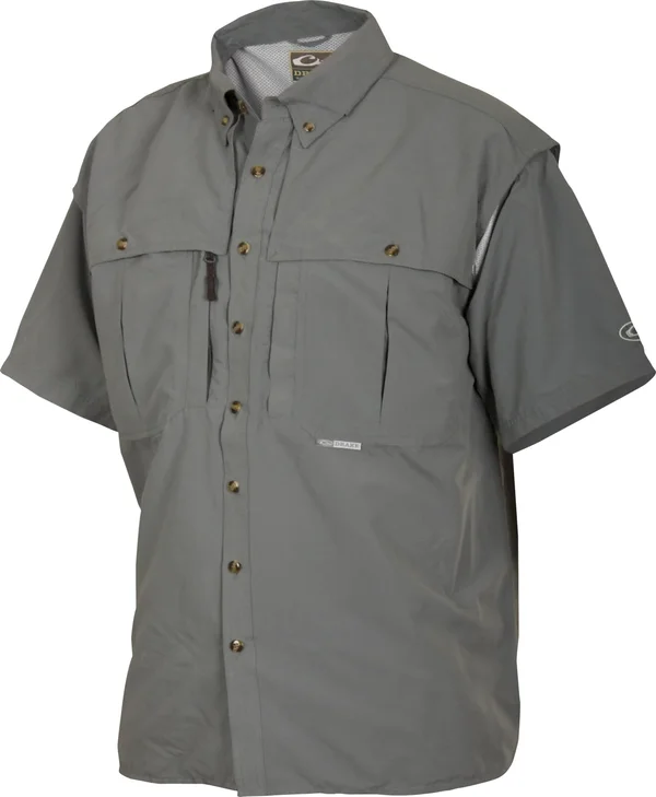 Drake Waterfowl Solid Wingshooter&s Short Sleeve Shirt, Steel Blue- Medium