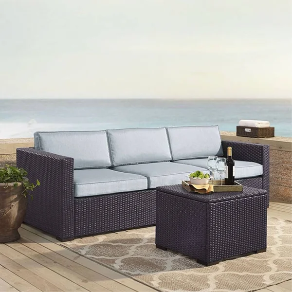 Ergode Biscayne 3 Person Outdoor Wicker Seating Set in Mist - One Loveseat - One Corner & Coffee Table