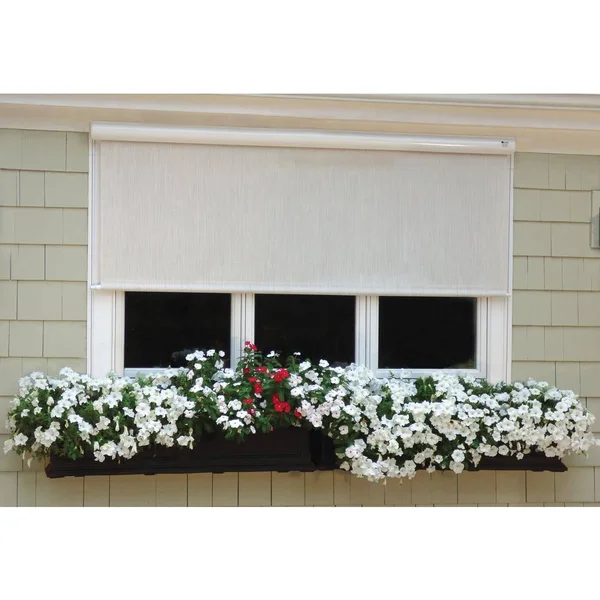 Bali Essentials Desert Sand Corded Light Filtering Motorized Vinyl Exterior Solar Shade Right Motor White Cassette 36 in. W x 84
