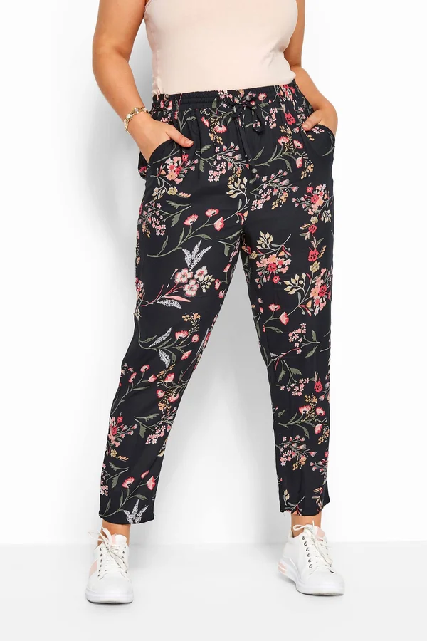 Plus Size Black Floral Tapered Trousers 26-28
