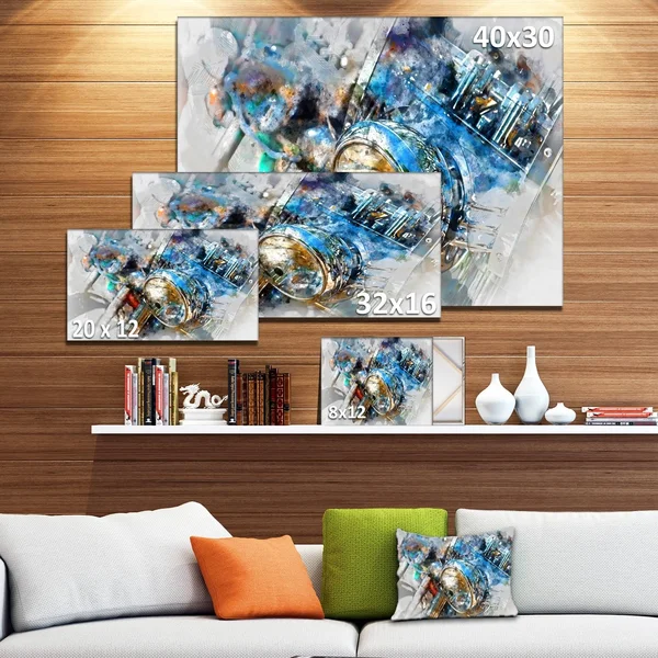 Designart &Motorcycle Headlight Watercolor & Contemporary Canvas Art Print - Size: 40 inch x 30 inch, Gray