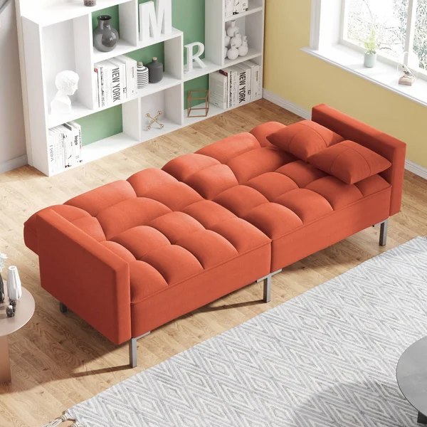Orange Modern Upholstered Linen Convertible Folding Futon Sofa Bed - Brown