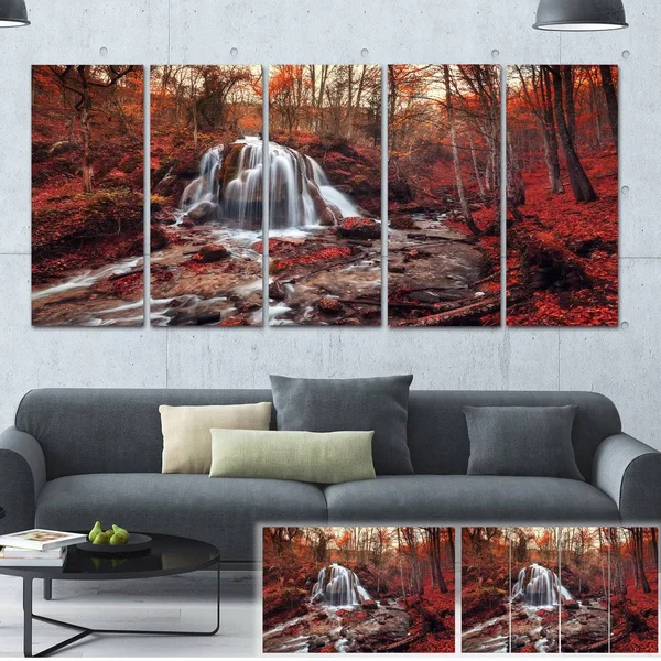 Designart &Silver Stream Waterfall Close-up& Landscape Photo Canvas Print - Silver - 60 in. Wide x 28 in. High - 5 Equal Panels