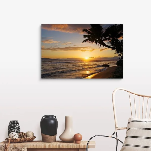 Hawaii - Maui, Kaanapali Resort, Sunset with Beach and Palm Trees, Canvas Wall Art, 36x24, Great Big Canvas